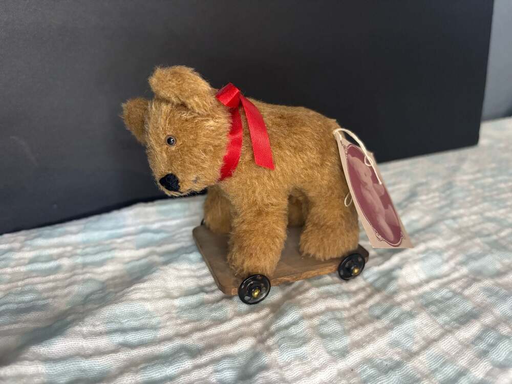 Bears by Connie Artist Mohair Teddy Bear on Wooden Wheeled Base Pull Toy
